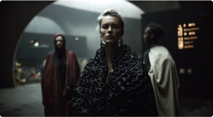 Mujer posando delante de dos personas en un ambiente futurista